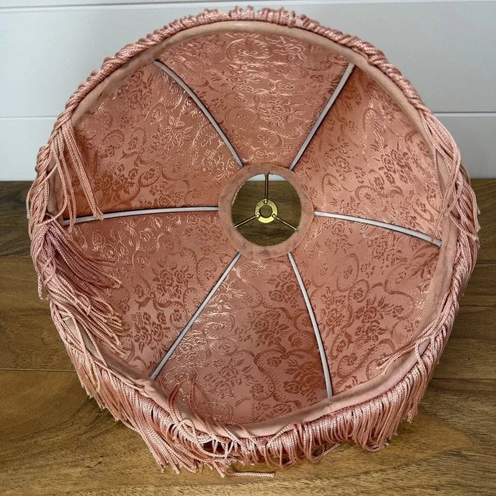 Vtg Victorian Fringed Lamp Shade Only Art Nouveau Brocade‎ Panels Scalloped Edge